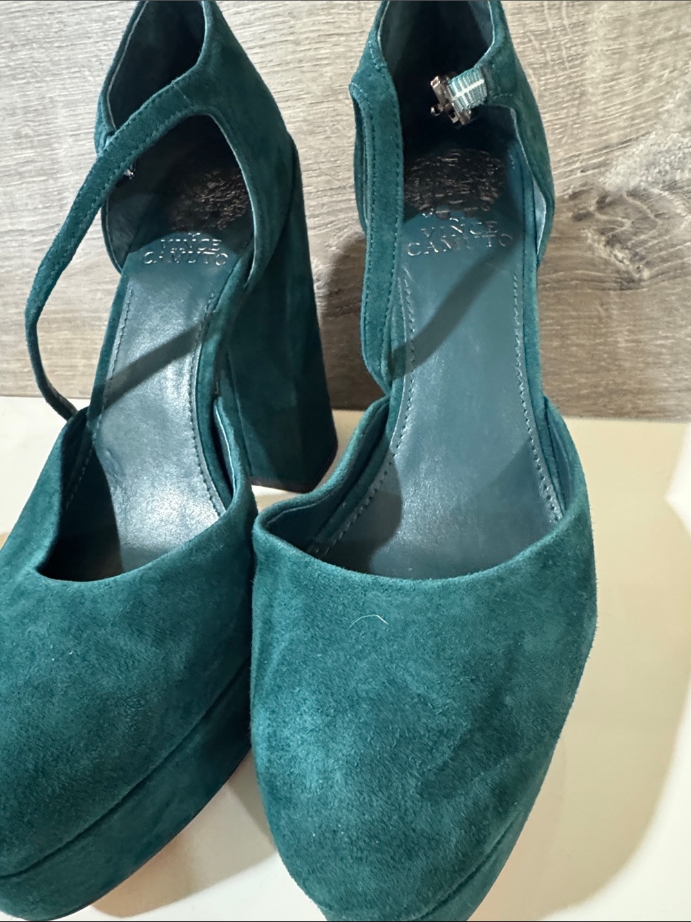 Vince Camuto Teal Suede Platform Pumps with Ankle Strap